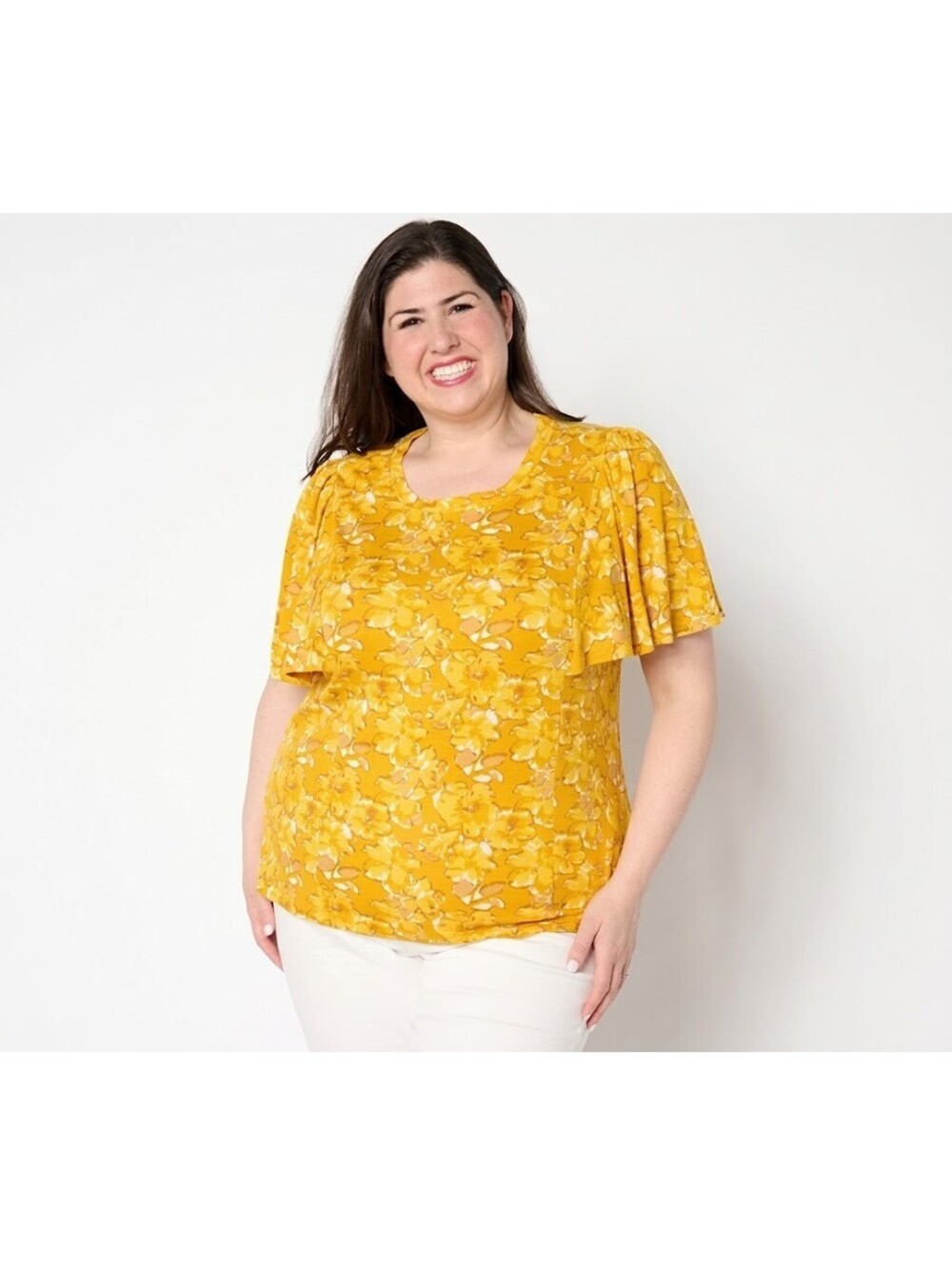 AnyBody Floral Printed Flutter Sleeve Slub Knit Pullover Top Golden, Size Small